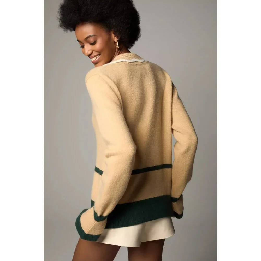 NWT Anthropologie Maeve Scallop Collared Sweater in Neutral Green Trim Top XS - Picture 4 of 7